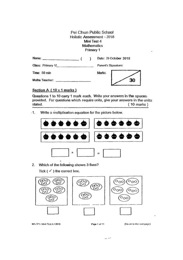First page preview of P1 Math 2018 WA2 — Pei Chun