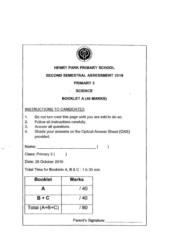 Henry Park P3 Sci SA2 2018 exam paper PDF first page preview