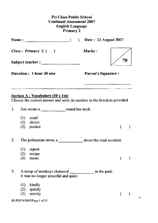 Pei Chun P2 Eng WA3 2007 exam paper PDF preview