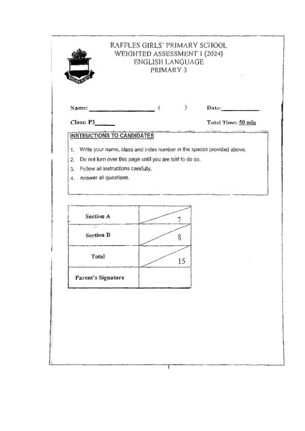 First page preview of P3 Eng 2024 WA1 — Raffles Girls