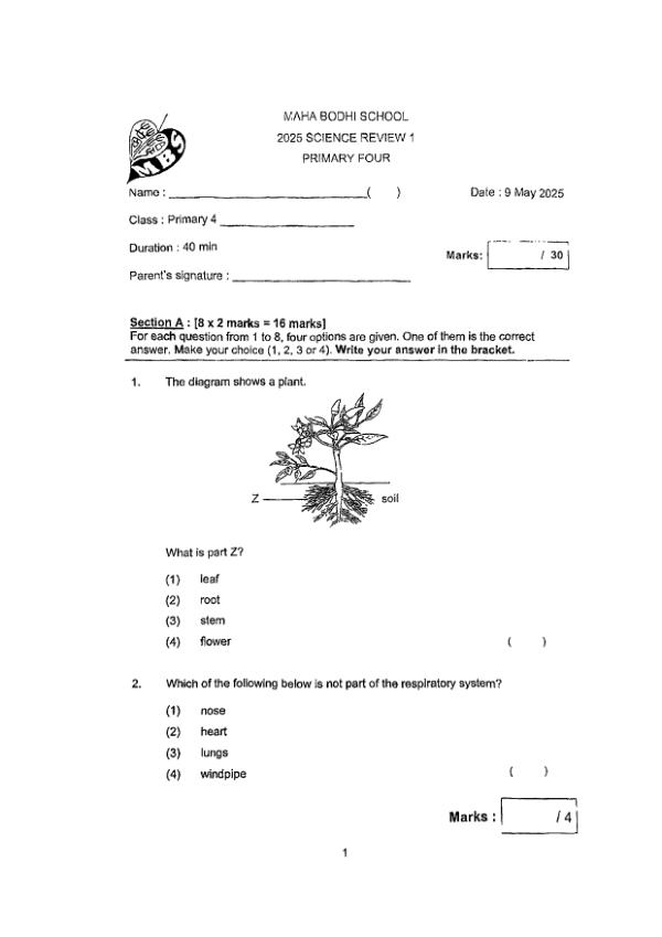 First page preview of P4 Sci 2025 WA1 — Maha Bodhi