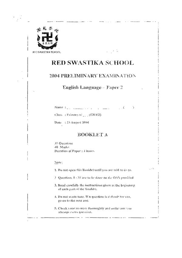 Red Swastika P6 Eng SA2 2004 exam paper PDF preview
