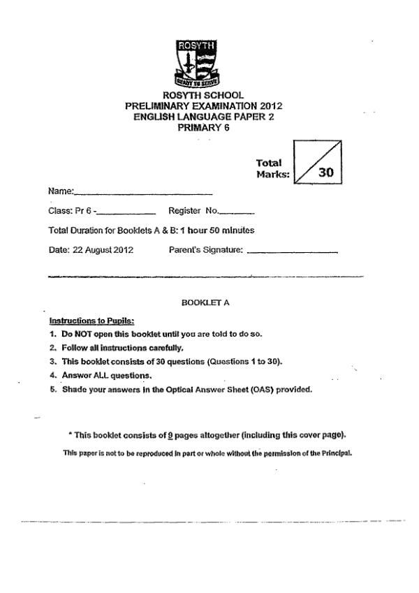 Rosyth P6 Eng SA2 2012 exam paper PDF preview