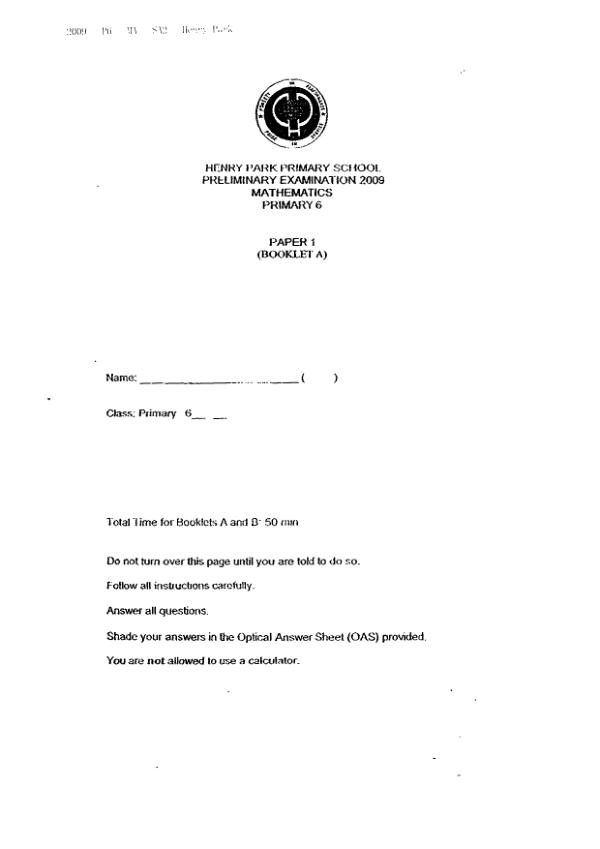Henry Park P6 Math SA2 2009 exam paper PDF preview