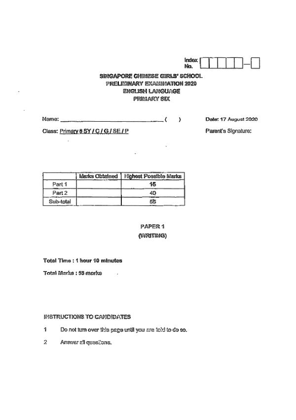 Singapore Chinese Girls P6 Eng SA2 2020 exam paper PDF preview
