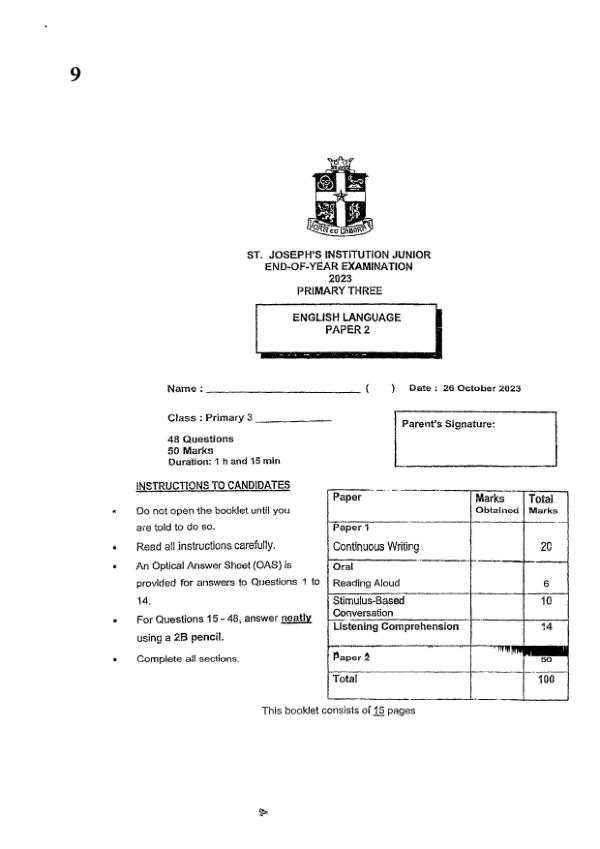 St Joseph P3 Eng SA2 2023 exam paper PDF preview