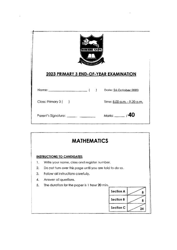 First page preview of P3 Math 2023 SA2 — Tao Nan