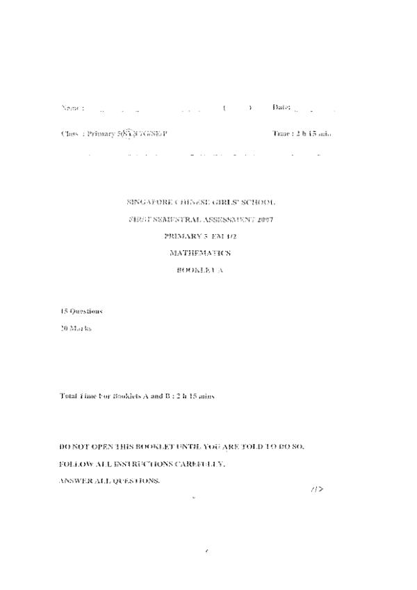 Singapore Chinese Girls P5 Math WA2 2007 exam paper PDF preview