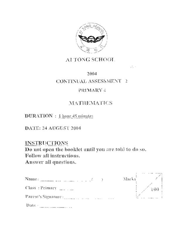 Ai Tong P4 Math WA3 2004 exam paper PDF preview