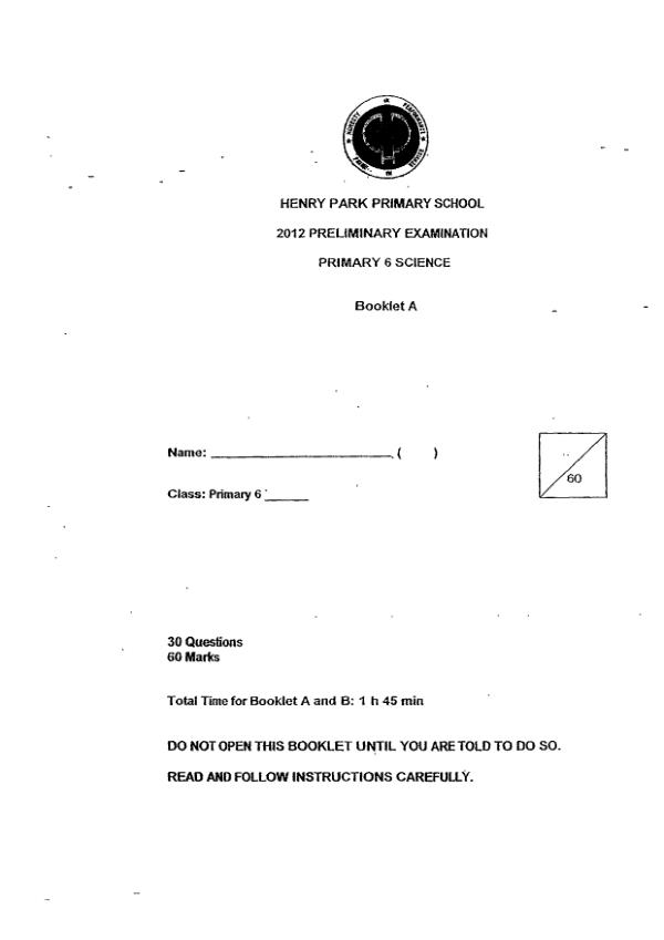 Henry Park P6 Sci SA2 2012 exam paper PDF preview