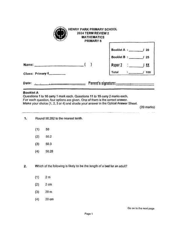 First page preview of P6 Math 2024 WA2 — Henry Park