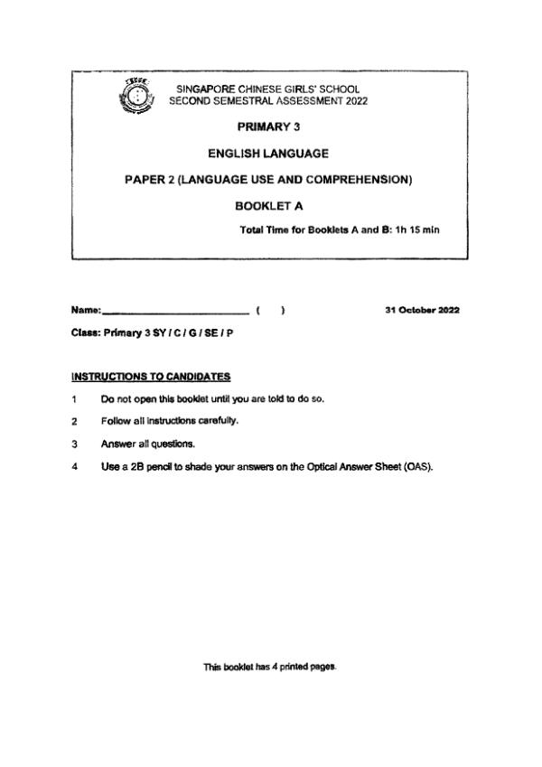 Singapore Chinese Girls P3 Eng SA2 2022 exam paper PDF preview
