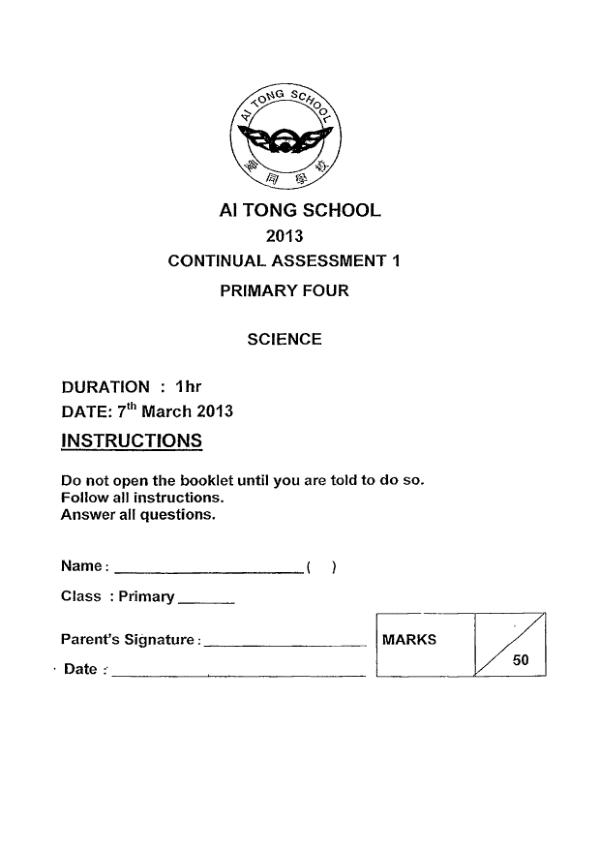 Ai Tong P4 Sci WA1 2013 exam paper PDF preview