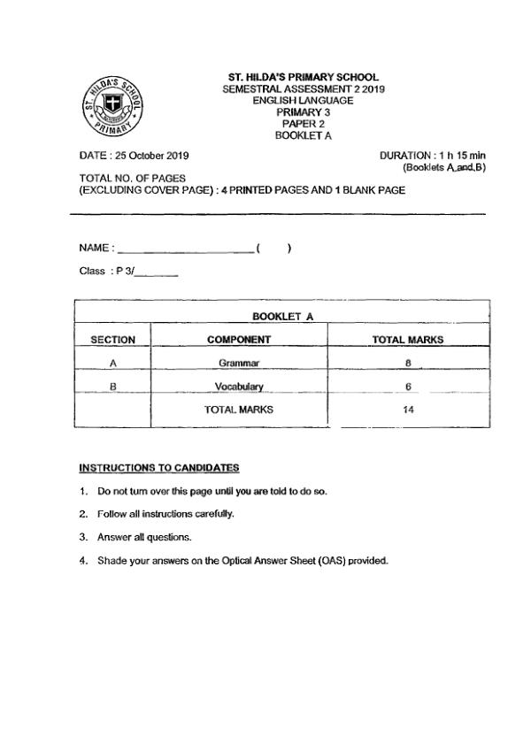 St Hildas P3 Eng SA2 2019 exam paper PDF preview