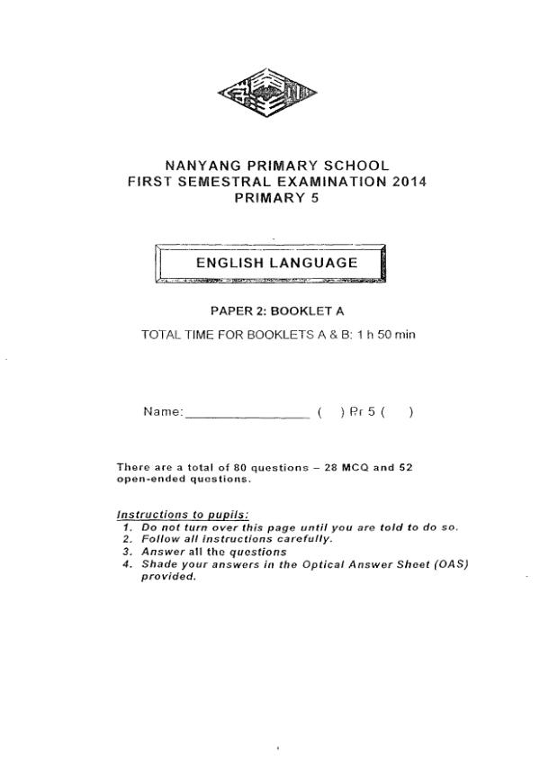 Nanyang P5 Eng WA2 2014 exam paper PDF first page preview