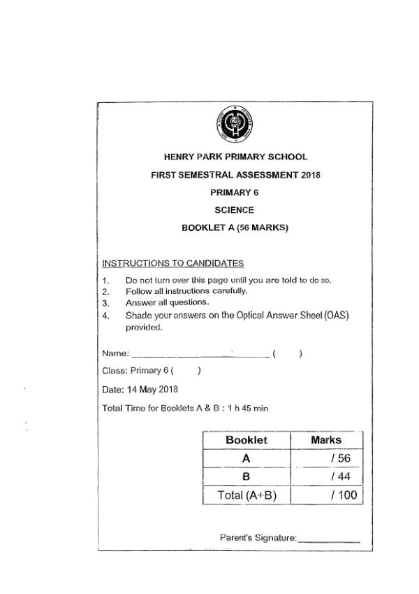 Henry Park P6 Sci WA2 2018 exam paper PDF first page preview
