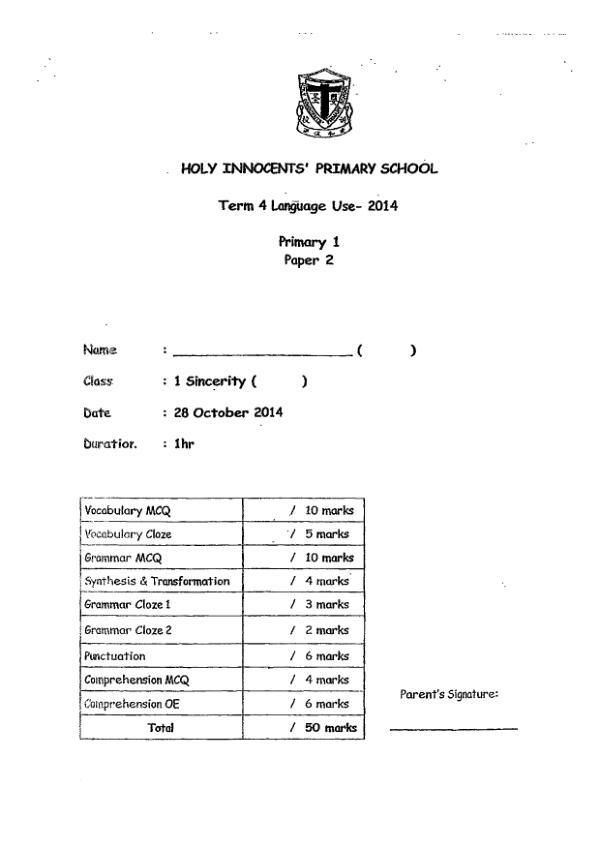 Holy Innocents P1 Eng SA2 2014 exam paper PDF first page preview