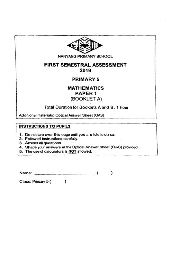First page preview of P5 Math 2019 WA2 — Nanyang