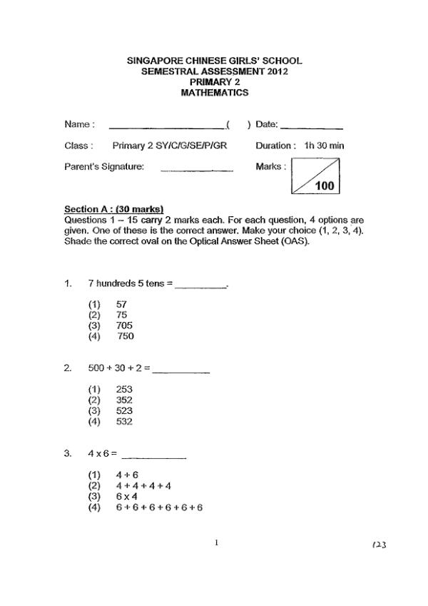 Singapore Chinese Girls P2 Math SA2 2012 exam paper PDF preview