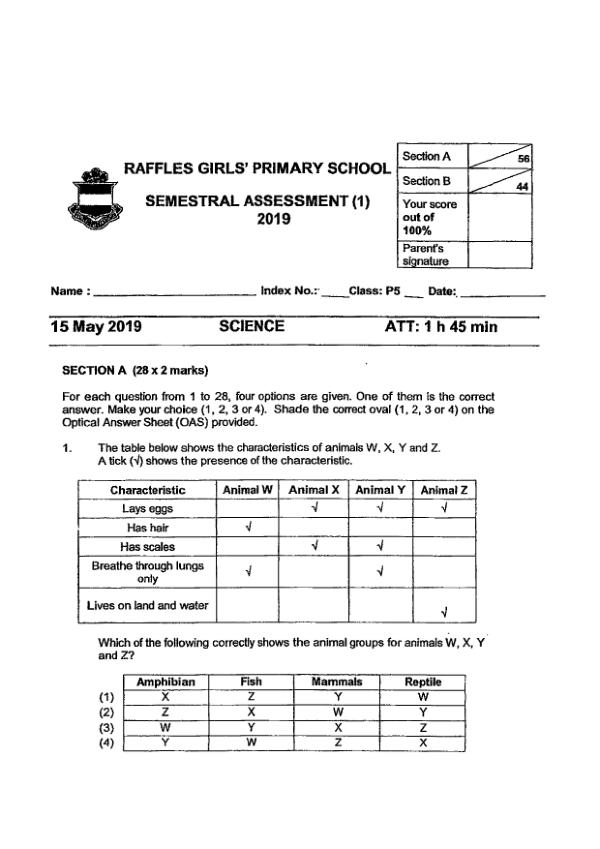 Raffles Girls P5 Sci WA2 2019 exam paper PDF first page preview