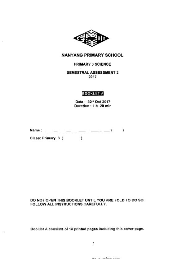 Nanyang P3 Sci SA2 2017 exam paper PDF first page preview