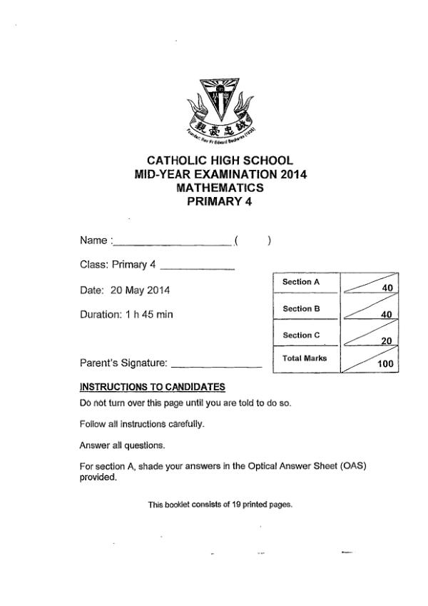 Catholic High P4 Math WA2 2014 exam paper PDF preview