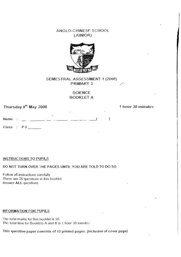 Anglo Chinese P3 Sci WA2 2008 exam paper PDF first page preview