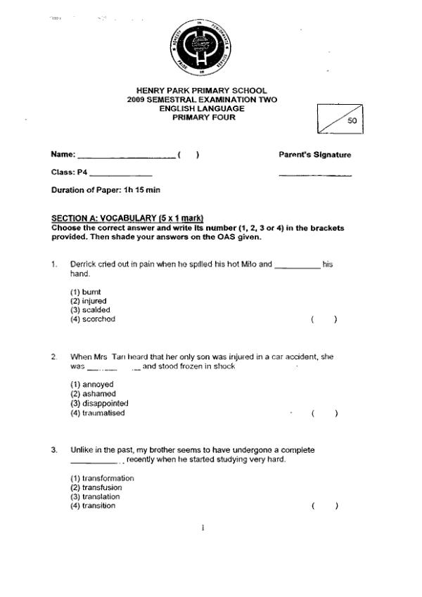 Henry Park P4 Eng SA2 2009 exam paper PDF preview