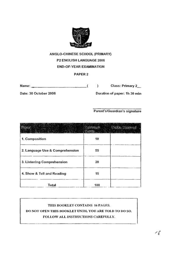 Anglo Chinese P2 Eng SA2 2006 exam paper PDF first page preview