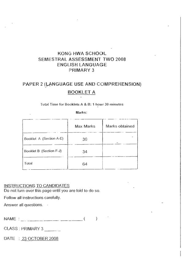 Kong Hwa P3 Eng SA2 2008 exam paper PDF preview