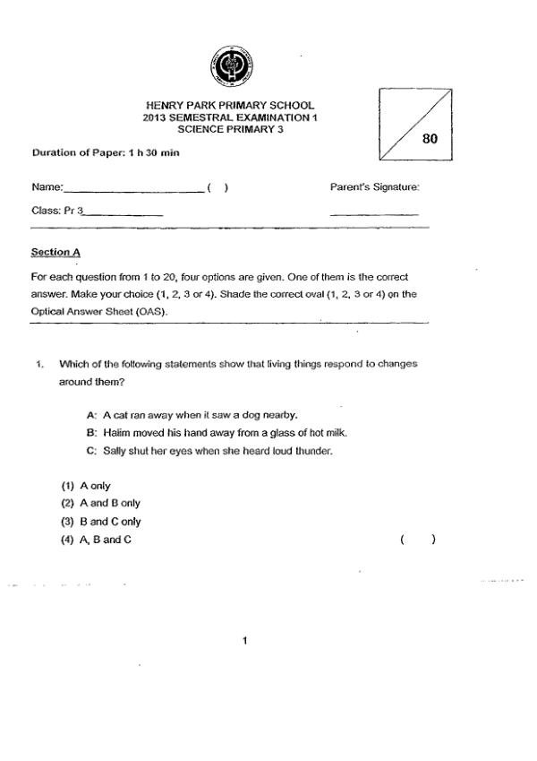 Henry Park P3 Sci WA2 2013 exam paper PDF preview