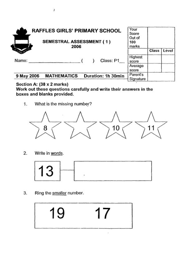Raffles Girls P1 Math WA2 2006 exam paper PDF preview
