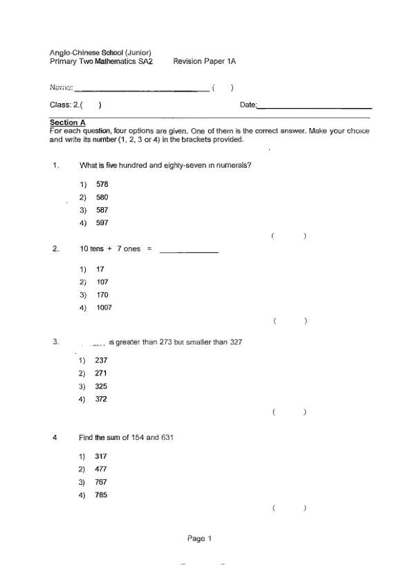 First page preview of P2 Math 2019 WA2 — Anglo Chinese