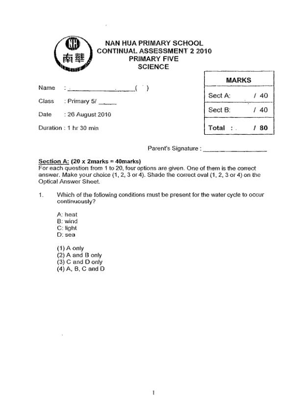 Nan Hua P5 Sci WA3 2010 exam paper PDF preview