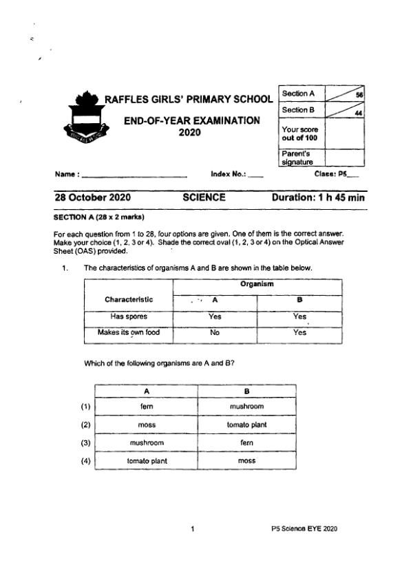 Raffles Girls P5 Sci SA2 2020 exam paper PDF first page preview