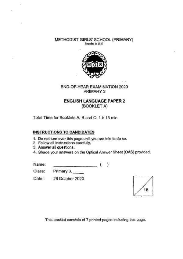 Methodist Girls P3 Eng SA2 2020 exam paper PDF preview