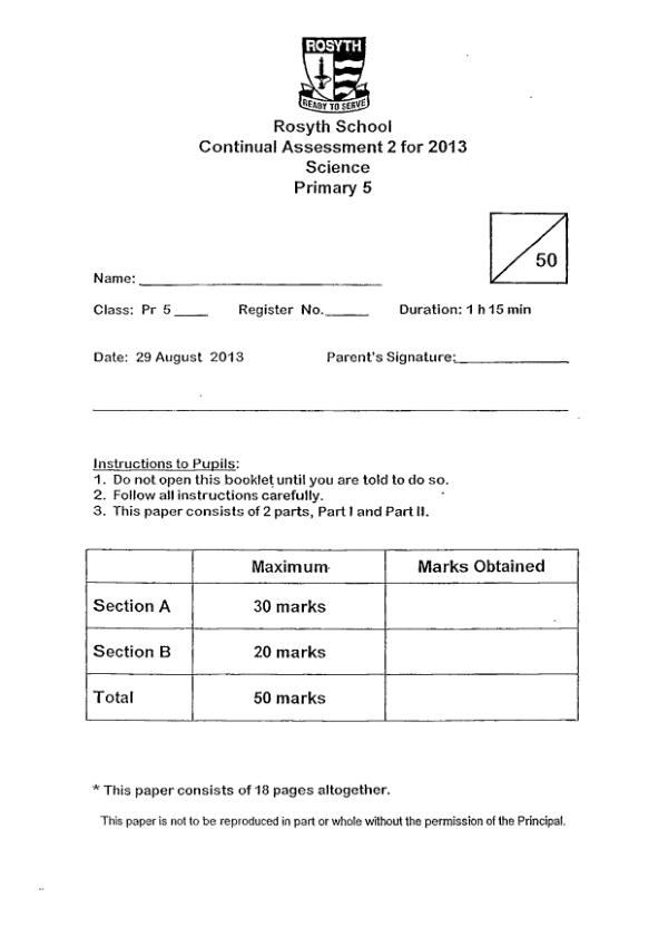 Rosyth P5 Sci WA3 2013 exam paper PDF preview