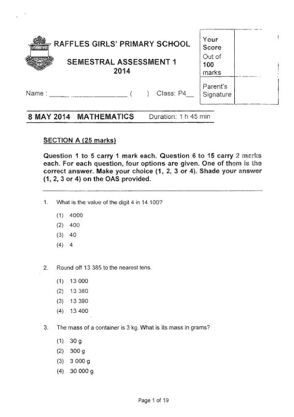 Raffles Girls P4 Math WA2 2014 exam paper PDF preview