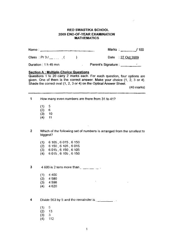 Red Swastika P3 Math SA2 2009 exam paper PDF preview
