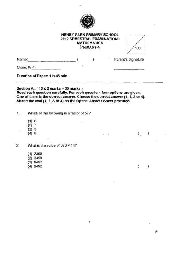 Henry Park P4 Math WA2 2012 exam paper PDF preview