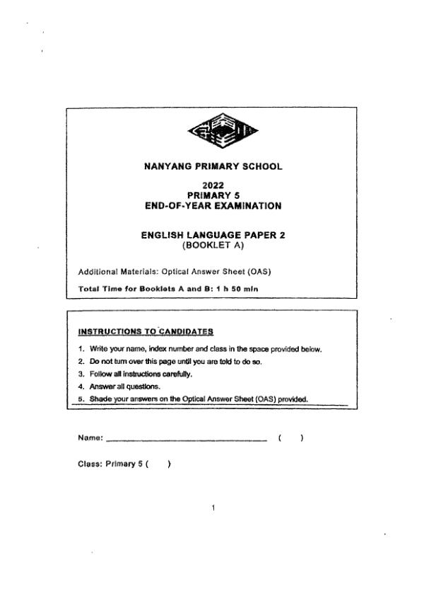 Nanyang P5 Eng SA2 2022 exam paper PDF first page preview