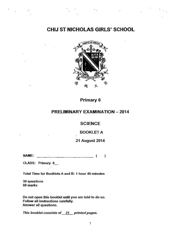 CHIJ P6 Sci SA2 2014 exam paper PDF first page preview
