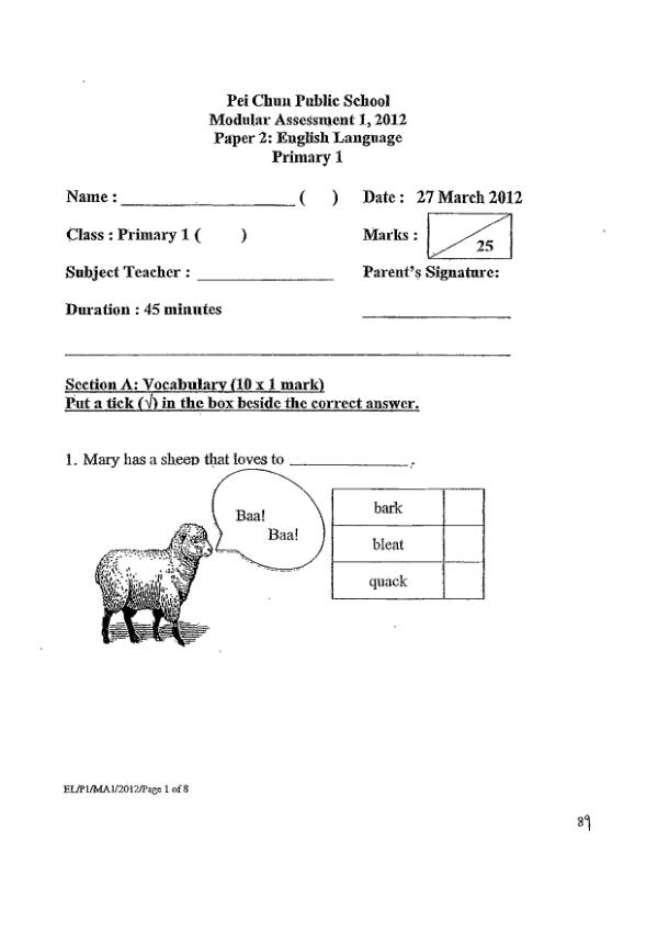 Pei Chun P1 Eng WA1 2012 exam paper PDF first page preview