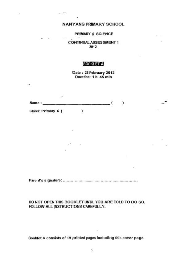 Nanyang P6 Sci WA1 2012 exam paper PDF preview