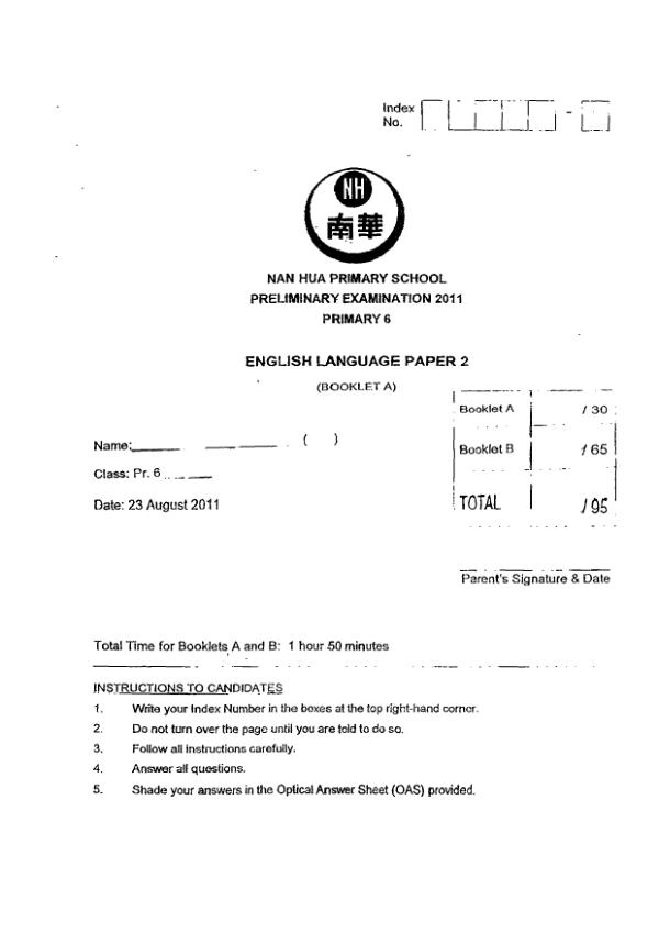 Nan Hua P6 Eng SA2 2011 exam paper PDF preview