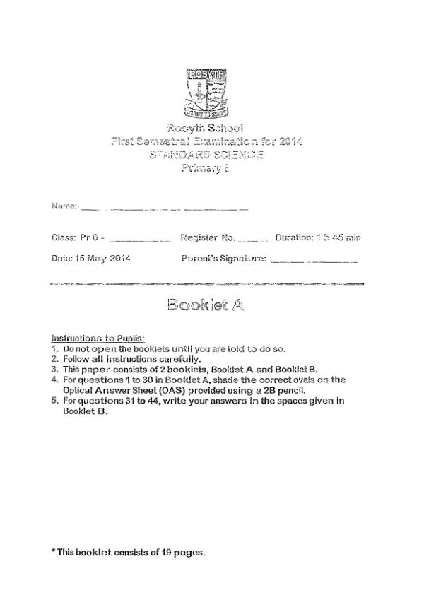 Rosyth P6 Sci WA2 2014 exam paper PDF first page preview