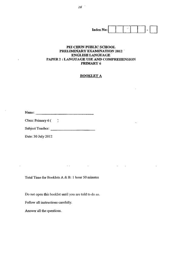 Pei Chun P6 Eng SA2 2012 exam paper PDF preview