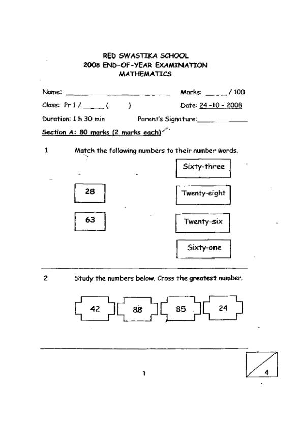 Red Swastika P1 Math SA2 2008 exam paper PDF first page preview
