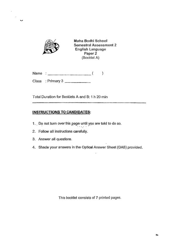 Maha Bodhi P3 Eng SA2 2023 exam paper PDF preview