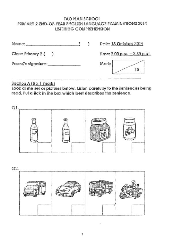 Tao Nan P2 Eng SA2 2014 exam paper PDF first page preview